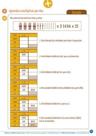 Editorial La Calesa - www.lacalesa.esTareas y deberes para casa Pida el solucionario gratis en info@lacalesa.es
9532 Aprendo y disfruto con los números
Ejemplo
Mira cómo lo han hecho los niños y niñas:
Aprende a multiplicar por dos
x 2 (436 x 2)
436 x 2
400
30
6
1. Han colocado las cantidades para hacer la operación.
436 x 2
400 800
30
6
2. Han hallado el doble de 400, que es ochocientos.
436 x 2
400 800
30 60
6
3. Han hallado el doble de 30, que es 60.
436 x 2
400 800
30 60 860
6
4.Hansumadoeldoblede400yeldoblede30,quees860.
436 x 2
400 800
30 60 860
6 12
5. Han hallado el doble de 6, que es 12.
436 x 2
400 800
30 60 860
6 12 872
6. Han sumado el doble de 6 a la suma anterior (860).
Ese es el resultado.
 