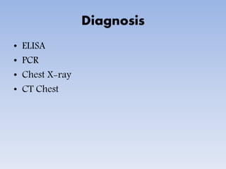 Diagnosis
• ELISA
• PCR
• Chest X-ray
• CT Chest
 