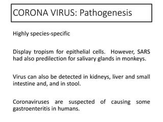 CORONA VIRUS: Pathogenesis
Highly species-specific
Display tropism for epithelial cells. However, SARS
had also predilection for salivary glands in monkeys.
Virus can also be detected in kidneys, liver and small
intestine and, and in stool.
Coronaviruses are suspected of causing some
gastroenteritis in humans.
 