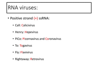 RNA viruses:
• Positive strand (+) ssRNA:
• Call: Calicivirus
• Henry: Hepevirus
• PiCo: Picornavirus and Coronavirus
• To: Togavirus
• Fly: Flavivirus
• Rightaway: Retrovirus
 