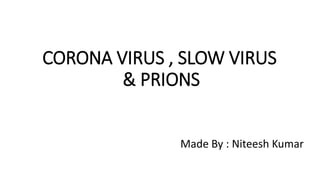 CORONA VIRUS , SLOW VIRUS
& PRIONS
Made By : Niteesh Kumar
 