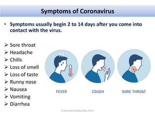 Symptoms of Coronavirus
• Symptoms usually begin 2 to 14 days after you come into
contact with the virus.
 Sore throat
 Headache
 Chills
 Loss of smell
 Loss of taste
 Runny nose
 Nausea
 Vomiting
 Diarrhea
Dr.Harinatha Reddy, MSc, Ph.D.
 