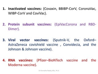 1. Inactivated vaccines: (Covaxin, BBIBP-CorV, CoronaVac,
WIBP-CorV and CoviVac).
2. Protein subunit vaccines: (EpiVacCorona and RBD-
Dimer).
3. Viral vector vaccines: (Sputnik-V, the Oxford–
AstraZeneca covishield vaccine , Convidecia, and the
Johnson & Johnson vaccine).
4. RNA vaccines: (Pfizer–BioNTech vaccine and the
Moderna vaccine).
Dr.Harinatha Reddy, MSc, Ph.D.
 