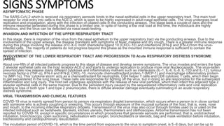 SIGNS SYMPTOMS
ASYMPTOMATIC PHASE
The SARS-CoV-2 which is received via respiratory aerosols binds to the nasal epithelial cells in the upper respiratory tract. The main host
receptor for viral entry into cells is the ACE-2, which is seen to be highly expressed in adult nasal epithelial cells. The virus undergoes local
replication and propagation, along with the infection of ciliated cells in the conducting airways. This stage lasts a couple of days and the
immune response generated during this phase is a limited one. In spite of having a low viral load at this time, the individuals are highly
infectious, and the virus can be detected via nasal swab testing.
INVASION AND INFECTION OF THE UPPER RESPIRATORY TRACT
In this stage, there is migration of the virus from the nasal epithelium to the upper respiratory tract via the conducting airways. Due to the
involvement of the upper airways, the disease manifests with symptoms of fever, malaise and dry cough. There is a greater immune response
during this phase involving the release of C-X-C motif chemokine ligand 10 (CXCL-10) and interferons (IFN-β and IFN-λ) from the virus-
infected cells. The majority of patients do not progress beyond this phase as the mounted immune response is sufficient to contain the
spread of infection.
INVOLVEMENT OF THE LOWER RESPIRATORY TRACT AND PROGRESSION TO Acute RESPIRATORY DISTRESS SYNDROME
(ARDS)
About one-fifth of all infected patients progress to this stage of disease and develop severe symptoms. The virus invades and enters the type
2 alveolar epithelial cells via the host receptor ACE-2 and starts to undergo replication to produce more viral Nucleocapsids. The virus-laden
pneumocytes now release many different cytokines and inflammatory markers such as interleukins (IL-1, IL-6, IL-8, IL-120 and IL-12), tumour
necrosis factor-α (TNF-α), IFN-λ and IFN-β, CXCL-10, monocyte chemoattractant protein-1 (MCP-1) and macrophage inflammatory protein-
1α (MIP-1α). This ‘cytokine storm’ acts as a chemoattractant for neutrophils, CD4 helper T cells and CD8 cytotoxic T cells, which then begin
to get sequestered in the lung tissue. These cells are responsible for fighting off the virus, but in doing so are responsible for the subsequent
inflammation and lung injury. The host cell undergoes apoptosis with the release of new viral particles, which then infect the adjacent type 2
alveolar epithelial cells in the same manner. Due to the persistent injury caused by the sequestered inflammatory cells and viral replication
leading to loss of both type 1 and type 2 pneumocytes, there is diffuse alveolar damage eventually culminating in an acute respiratory
distress syndrome.
VIRAL TRANSMISSION AND CLINICAL FEATURES
COVID-19 virus is mainly spread from person to person via respiratory droplet transmission, which occurs when a person is in close contact
with someone who is actively coughing or sneezing. This occurs through exposure of the mucosal surfaces of the host, that is, eyes, nose
and mouth, to the incoming infective respiratory droplets. Transmission of the virus may also occur through fomites used by or used on the
infected individual such as bedsheets, blankets, kitchen utensils, thermometers and stethoscopes. Airborne transmission has not been
reported for COVID-19, except in specific circumstances in which procedures that generate aerosols are performed, that is, endotracheal
intubation, bronchoscopy, open suctioning, nebulisation with oxygen, bronchodilators or steroids, bag and mask ventilation before intubation,
tracheostomy and cardiopulmonary resuscitation.
The incubation period of COVID-19, which is the time period from exposure to the virus to symptom onset, is 5–6 days, but can be up to
 