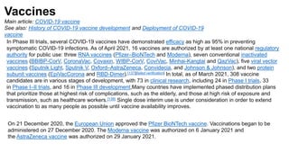 Vaccines
Main article: COVID-19 vaccine
See also: History of COVID-19 vaccine development and Deployment of COVID-19
vaccine
In Phase III trials, several COVID-19 vaccines have demonstrated efficacy as high as 95% in preventing
symptomatic COVID-19 infections. As of April 2021, 16 vaccines are authorized by at least one national regulatory
authority for public use: three RNA vaccines (Pfizer–BioNTech and Moderna), seven conventional inactivated
vaccines (BBIBP-CorV, CoronaVac, Covaxin, WIBP-CorV, CoviVac, Minhai-Kangtai and QazVac), five viral vector
vaccines (Sputnik Light, Sputnik V, Oxford–AstraZeneca, Convidecia, and Johnson & Johnson), and two protein
subunit vaccines (EpiVacCorona and RBD-Dimer).[137][failed verification] In total, as of March 2021, 308 vaccine
candidates are in various stages of development, with 73 in clinical research, including 24 in Phase I trials, 33
in Phase I–II trials, and 16 in Phase III development,Many countries have implemented phased distribution plans
that prioritize those at highest risk of complications, such as the elderly, and those at high risk of exposure and
transmission, such as healthcare workers.[138] Single dose interim use is under consideration in order to extend
vaccination to as many people as possible until vaccine availability improves.
On 21 December 2020, the European Union approved the Pfizer BioNTech vaccine. Vaccinations began to be
administered on 27 December 2020. The Moderna vaccine was authorized on 6 January 2021 and
the AstraZeneca vaccine was authorized on 29 January 2021.
 