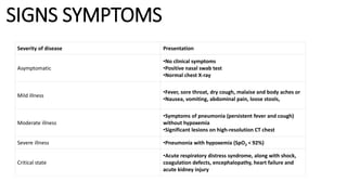 SIGNS SYMPTOMS
Severity of disease Presentation
Asymptomatic
•No clinical symptoms
•Positive nasal swab test
•Normal chest X-ray
Mild illness
•Fever, sore throat, dry cough, malaise and body aches or
•Nausea, vomiting, abdominal pain, loose stools,
Moderate illness
•Symptoms of pneumonia (persistent fever and cough)
without hypoxemia
•Significant lesions on high-resolution CT chest
Severe illness •Pneumonia with hypoxemia (SpO2 < 92%)
Critical state
•Acute respiratory distress syndrome, along with shock,
coagulation defects, encephalopathy, heart failure and
acute kidney injury
 