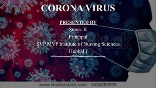 CORONA VIRUS
PRESENTED BY
Suma. K
Principal
SVP MVP Institute of Nursing Sciences
Hubballi
 