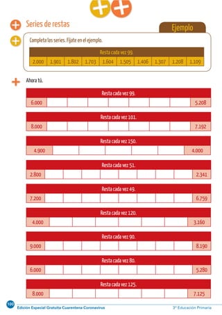 100
Edición Especial Gratuita Cuarentena Coronavirus 3º Educación PrimariaCálculo ABN 35
Series de restas
Ahora tú.
Ejemplo
Completa las series. Fíjate en el ejemplo.
Resta cada vez 99.
2.000 1.901 1.802 1.703 1.604 1.505 1.406 1.307 1.208 1.109
Resta cada vez 99.
6.000 5.208
Resta cada vez 101.
8.000 7.192
Resta cada vez 150.
4.900 4.000
Resta cada vez 51.
2.800 2.341
Resta cada vez 49.
7.200 6.759
Resta cada vez 120.
4.000 3.160
Resta cada vez 90.
9.000 8.190
Resta cada vez 80.
6.000 5.280
Resta cada vez 125.
8.000 7.125
 