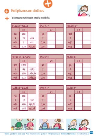 105
Editorial La Calesa - www.lacalesa.esTareas y deberes para casa Pida el solucionario gratis en info@lacalesa.esCálculo ABN 61
Multiplicamos con céntimos
Te damos una multiplicación resuelta en cada fila.
84,22 x 5 = 421,10
x 5
80 400
4 20 420
0,20 1 421
0,02 0,10 421,10
67,27 x 7 =
x 7
60
7
0,20
0,07
308,55 x 2 =
x 2
300
8
0,50
0,05
307,28 x 9 = 2.765,52
x 9
300 2.700
7 63 2.763
0,20 1,80 2.764,80
0,08 0,72 2.765,52
47,12 x 9 =
x 9
40
7
0,10
0,02
96,35 x 8 =
x 8
90
6
0,30
0,05
32,88 x 6 = 197,28
x 6
30 180
2 12 192
0,80 4,80 196,80
0,08 0,48 197,28
97,56 x 3 =
x 3
90
7
0,50
0,06
71,61 x 4 =
x 4
70
1
0,60
0,01
 