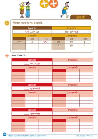 106
Edición Especial Gratuita Cuarentena Coronavirus 3º Educación PrimariaCálculo ABN 69
Ahora lo haces tú.
Ejemplo
Ahora de otra forma. Mira el ejemplo.
Operación
____ - 442 = 354
2o
resuelvo
1o
convierto
3o
compruebo
Operación
____ - 326 = 646
2o
resuelvo
1o
convierto
3o
compruebo
Operación
____ - 509 = 999
2o
resuelvo
1o
convierto
3o
compruebo
Operación
576 - 222 = 354
2o
resuelvo
222 + 354
222 0 576
1o
convierto
222 + 354 = 576
3o
compruebo
576 - 222
220 356 2
2 354 0
 