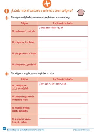 110
Edición Especial Gratuita Cuarentena Coronavirus 3º Educación PrimariaCálculo ABN 19
¿Cuánto mide el contorno o perímetro de un polígono?
Si es regular, multiplica lo que mide un lado por el número de lados que tenga.
Polígono Escribe aquí el perímetro
Un cuadrado con 3 cm de lado
3 cm de lado x 4 lados = 12 cm
Un octógono de 2 cm de lado
_________________________________
Un pentágono con 4 cm de lado
_________________________________
Un triángulo con 2,5 cm de lado
_________________________________
Si el polígono es irregular, suma la longitud de sus lados.
Polígono Escribe aquí el perímetro
Un cuadrilátero con
3, 2, 1 y 4 cm de lado
3 cm + 2 cm + 1 cm + 4 cm = 10 cm
Un triángulo irregular con las
medidas que quieras
_________________________________
Un hexágono irregular.
Elige tú las medidas
_________________________________
Un pentágono irregular.
Escoge las medidas
_________________________________
 