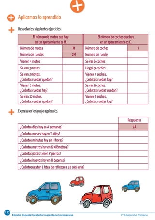 112
Edición Especial Gratuita Cuarentena Coronavirus 3º Educación PrimariaCálculo ABN 29
Aplicamosloaprendido
Resuelve los siguientes ejercicios.
El número de motos que hay
en un aparcamiento es M.
El número de coches que hay
en un aparcamiento es C.
Número de motos M Número de coches C
Número de ruedas 2M Número de ruedas
Vienen 4 motos Se van 6 coches
Se van 3 motos Llegan 9 coches
Se van 2 motos.
¿Cuántas ruedas quedan?
Vienen 7 coches.
¿Cuántas ruedas hay?
Vienen 3 motos.
¿Cuántas ruedas hay?
Se van 9 coches.
¿Cuántas ruedas quedan?
Se van 10 motos.
¿Cuántas ruedas quedan?
Vienen 4 coches.
¿Cuántas ruedas hay?
Expresa en lenguaje algebraico.
Respuesta
¿Cuántos días hay en A semanas? 7A
¿Cuántos meses hay en T años?
¿Cuántos minutos hay en H horas?
¿Cuántos metros hay en K kilómetros?
¿Cuántas patas tienen P perros?
¿Cuántos huevos hay en H docenas?
¿Cuánto cuestan L latas de refresco a 2€ cada una?
 