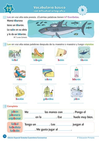 14
Edición Especial Gratuita Cuarentena Coronavirus 3º Educación Primaria
19
Vocabulario básico
con dificultad ortográfica b
Lee en voz alta esta poesía. ¿Cuántas palabras tienen b? Escríbelas.
Mamá tiburona
tiene un tiburón.
Lo sube en su aleta
y le da un biberón.
Lee en voz alta estas palabras después de tu maestra o maestro y luego cópialas
fútbol
rubia
botón
biberón
jabón
tobogán
sábana
gabardina
tiburón
bacalao
M.ª Luisa Cañado
Completa
Me las manos con . Pongo el
en la . Ese huele muy bien.
Tengo un . Los juegan al
. Me gusta jugar al .
jabón
jabonera
enjabonar
fútbol
futbolista
futbolín
 