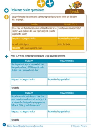 98
Edición Especial Gratuita Cuarentena Coronavirus 3º Educación PrimariaCálculo ABN 27
Problemas de dos operaciones
Ahora tú. Primero, escribe la pregunta oculta. Luego resuelve el problema.
PROBLEMA PREGUNTA OCULTA
Una furgoneta de reparto transporta 1.200
kilos por la mañana, y 856 kilos por la tarde.
¿Cuántos kilos transporta en 7 días?
_________________________________
_________________________________
_________________________________
_________________________________
Respuesta a la pregunta oculta: Respuesta a la pregunta final:
SOLUCIÓN:
PROBLEMA PREGUNTA OCULTA
Un coche con radio control cuesta 79 €. Una
moto también con radio control cuesta 59 €. Si
se compran los dos juguetes y se paga con un
billete de 200 €, ¿cuánto te devuelven?
_________________________________
_________________________________
_________________________________
_________________________________
Respuesta a la pregunta oculta: Respuesta a la pregunta final:
SOLUCIÓN:
Ejemplo
Los problemas de dos operaciones tienen una pregunta oculta que tienes que descubrir.
Mira el ejemplo.
PROBLEMA PREGUNTA OCULTA
En un viaje turístico al extranjero un autobús transporta 64
viajeros, y un microbús 48. Cada viajero paga 8€. ¿Cuánto
pagan entre todos?
¿Cuántos viajeros van en total?
Respuesta a la pregunta oculta:
64 + 48 = 112 viajeros
Respuesta a la pregunta final:
112 x 8 = 896 €
SOLUCIÓN: Entre todos pagan 896 euros.
 