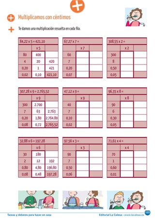 Editorial La Calesa - www.lacalesa.esTareas y deberes para hacer en casa
105Cálculo ABN 61
Multiplicamos con céntimos
Te damos una multiplicación resuelta en cada fila.
84,22 x 5 = 421,10
x 5
80 400
4 20 420
0,20 1 421
0,02 0,10 421,10
67,27 x 7 =
x 7
60
7
0,20
0,07
308,55 x 2 =
x 2
300
8
0,50
0,05
307,28 x 9 = 2.765,52
x 9
300 2.700
7 63 2.763
0,20 1,80 2.764,80
0,08 0,72 2.765,52
47,12 x 9 =
x 9
40
7
0,10
0,02
96,35 x 8 =
x 8
90
6
0,30
0,05
32,88 x 6 = 197,28
x 6
30 180
2 12 192
0,80 4,80 196,80
0,08 0,48 197,28
97,56 x 3 =
x 3
90
7
0,50
0,06
71,61 x 4 =
x 4
70
1
0,60
0,01
 