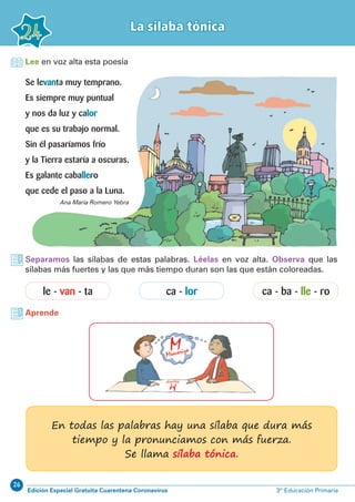 26
Edición Especial Gratuita Cuarentena Coronavirus 3º Educación Primaria
La sílaba tónica
24
Se levanta muy temprano.
Es siempre muy puntual
y nos da luz y calor
que es su trabajo normal.
Sin él pasaríamos frío
y la Tierra estaría a oscuras.
Es galante caballero
que cede el paso a la Luna.
Lee en voz alta esta poesía
Separamos las sílabas de estas palabras. Léelas en voz alta. Observa que las
sílabas más fuertes y las que más tiempo duran son las que están coloreadas.
Aprende
Ana María Romero Yebra
le - van - ta ca - lor ca - ba - lle - ro
En todas las palabras hay una sílaba que dura más
tiempo y la pronunciamos con más fuerza.
Se llama sílaba tónica.
 