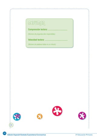 44
Edición Especial Gratuita Cuarentena Coronavirus 3º Educación Primaria
72
RESUMEN
Comprensión lectora: ..................................
(Número de preguntas bien respondidas)
Velocidad lectora: ........................................
(Número de palabras leídas en un minuto)
 