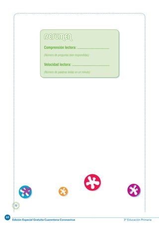 60
Edición Especial Gratuita Cuarentena Coronavirus 3º Educación Primaria
72
RESUMEN
Comprensión lectora: ..................................
(Número de preguntas bien respondidas)
Velocidad lectora: ........................................
(Número de palabras leídas en un minuto)
 