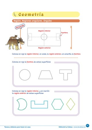 Editorial La Calesa - www.lacalesa.esTareas y deberes para hacer en casa
91
62
[Colorea en rojo la región interior; en verde, la región exterior; en amarillo, la frontera
Colorea en rojo la frontera de estas superficies
Colorea en rojo la región interior, y en marrón
la región exterior de estas superficies
[
Recuerda
Región interior
Región exterior
Frontera
G e o m e t r í aG e o m e t r í a
Región. Regiones angulares. Ángulos
N06-49-64_Qx7.qxp:N06-49/64.qxd 30/5/11 13:50 Página 62
 