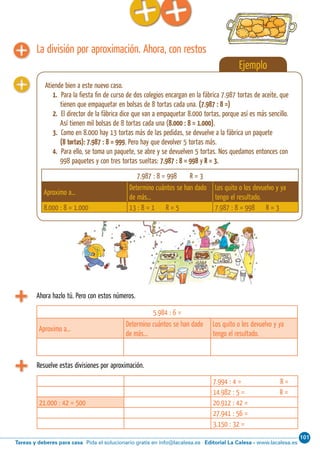 101
Editorial La Calesa - www.lacalesa.esTareas y deberes para casa Pida el solucionario gratis en info@lacalesa.esCálculo ABN 41
Ahora hazlo tú. Pero con estos números.
Resuelve estas divisiones por aproximación.
5.984 : 6 =
Aproximo a…
Determino cuántos se han dado
de más…
Los quito o los devuelvo y ya
tengo el resultado.
7.994 : 4 = R =
14.982 : 5 = R =
21.000 : 42 = 500 20.912 : 42 =
27.941 : 56 =
3.150 : 32 =
La división por aproximación. Ahora, con restos
Ejemplo
Atiende bien a este nuevo caso.
1. Para la ﬁesta ﬁn de curso de dos colegios encargan en la fábrica 7.987 tortas de aceite, que
tienen que empaquetar en bolsas de 8 tortas cada una. (7.987 : 8 =)
2. El director de la fábrica dice que van a empaquetar 8.000 tortas, porque así es más sencillo.
Así tienen mil bolsas de 8 tortas cada una (8.000 : 8 = 1.000).
3. Como en 8.000 hay 13 tortas más de las pedidas, se devuelve a la fábrica un paquete
(8 tortas): 7.987 : 8 = 999. Pero hay que devolver 5 tortas más.
4. Para ello, se toma un paquete, se abre y se devuelven 5 tortas. Nos quedamos entonces con
998 paquetes y con tres tortas sueltas: 7.987 : 8 = 998 y R = 3.
7.987 : 8 = 998 R = 3
Aproximo a…
Determino cuántos se han dado
de más…
Los quito o los devuelvo y ya
tengo el resultado.
8.000 : 8 = 1.000 13 : 8 = 1 R = 5 7.987 : 8 = 998 R = 3
 