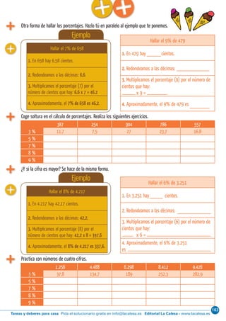 103
Editorial La Calesa - www.lacalesa.esTareas y deberes para casa Pida el solucionario gratis en info@lacalesa.es
50 Aprendo y disfruto con los números
Otra forma de hallar los porcentajes. Hazlo tú en paralelo al ejemplo que te ponemos.
¿Y si la cifra es mayor? Se hace de la misma forma.
Practica con números de cuatro cifras.
Coge soltura en el cálculo de porcentajes. Realiza los siguientes ejercicios.
Ejemplo
Hallar el 7% de 658
1. En 658 hay 6,58 cientos.
2. Redondeamos a las décimas: 6,6.
3. Multiplicamos el porcentaje (7) por el
número de cientos que hay: 6,6 x 7 = 46,2
4. Aproximadamente, el 7% de 658 es 46,2.
Ejemplo
Hallar el 8% de 4.217
1. En 4.217 hay 42,17 cientos.
2. Redondeamos a las décimas: 42,2.
3. Multiplicamos el porcentaje (8) por el
número de cientos que hay: 42,2 x 8 = 337,6
4. Aproximadamente, el 8% de 4.217 es 337,6.
387 254 904 786 557
3 % 11,7 7,5 27 23,7 16,8
5 %
7 %
8 %
9 %
1.256 4.488 6.298 8.412 9.426
3 % 37,8 134,7 189 252,3 282,9
5 %
7 %
8 %
9 %
Hallar el 9% de 479
1. En 479 hay cientos.
2. Redondeamos a las décimas:
3. Multiplicamos el porcentaje (9) por el número de
cientos que hay:
x 9 =
4. Aproximadamente, el 9% de 479 es
Hallar el 6% de 3.251
1. En 3.251 hay cientos.
2. Redondeamos a las décimas:
3. Multiplicamos el porcentaje (6) por el número de
cientos que hay:
x 6 =
4. Aproximadamente, el 6% de 3.251
es
 