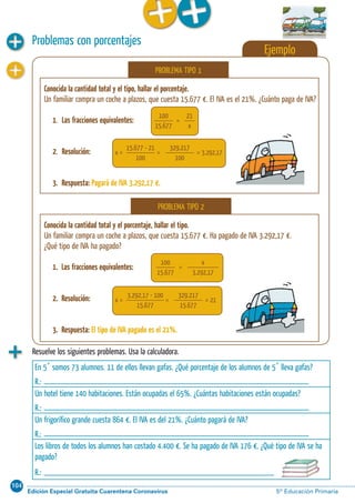 104
Edición Especial Gratuita Cuarentena Coronavirus 5º Educación Primaria56 Aprendo y disfruto con los números
Ejemplo
Problemas con porcentajes
Conocida la cantidad total y el tipo, hallar el porcentaje.
Un familiar compra un coche a plazos, que cuesta 15.677 €. El IVA es el 21%. ¿Cuánto paga de IVA?
1. Las fracciones equivalentes:
2. Resolución:
3. Respuesta: Pagará de IVA 3.292,17 €.
15.677 • 21
100
329.217
100
= = 3.292,17x =
21
x
100
15.677
=
PROBLEMA TIPO 1
Conocida la cantidad total y el porcentaje, hallar el tipo.
Un familiar compra un coche a plazos, que cuesta 15.677 €. Ha pagado de IVA 3.292,17 €.
¿Qué tipo de IVA ha pagado?
1. Las fracciones equivalentes:
2. Resolución:
3. Respuesta: El tipo de IVA pagado es el 21%.
3.292,17 • 100
15.677
329.217
15.677
= = 21x =
x
3.292,17
100
15.677
=
PROBLEMA TIPO 2
Resuelve los siguientes problemas. Usa la calculadora.
En 5˚ somos 73 alumnos. 11 de ellos llevan gafas. ¿Qué porcentaje de los alumnos de 5˚ lleva gafas?
R.:
Un hotel tiene 140 habitaciones. Están ocupadas el 65%. ¿Cuántas habitaciones están ocupadas?
R.:
Un frigoríﬁco grande cuesta 864 €. El IVA es del 21%. ¿Cuánto pagará de IVA?
R.:
Los libros de todos los alumnos han costado 4.400 €. Se ha pagado de IVA 176 €. ¿Qué tipo de IVA se ha
pagado?
R.:
 