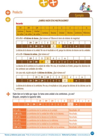 107
Editorial La Calesa - www.lacalesa.esTareas y deberes para casa Pida el solucionario gratis en info@lacalesa.es
Cálculo ABN 19
Ejemplo
¿SABRÍAS HACER ESTAS MULTIPLICACIONES?
Recuerda:
Producto
CM DM UM C D U d c m
Centena
de millar
Decena
de millar
Unidad
de millar
Centena Decena Unidad Décima Centésima Milésima
6 D x 8 d = 48 décimas de decena. ¿Qué número es? Observa la barra de órdenes de magnitud:
La décima de la decena es la unidad. Por eso el resultado es 48, porque las décimas de decena son las unidades.
4 C x 2 D = 8 decenas de centena. ¿Qué número es?
La décima de la décima es la centésima. Por eso, el resultado es 0,09, porque las décimas de las décimas son las
centésimas.
La decena de la centena es la unidad de millar. Por eso, el resultado es 8.000, porque las decenas de
las centenas son unidades de millar.
Un caso más. 0,3 d x 0,3 d = 9 décimas de décima. ¿Qué número es?
DM UM C D U d c m
CM DM UM C D U d c m
UM C D U d c m
CM DM UM C D U d c m
CM DM UM C D U d c m
CM DM UM C D U d c m
CM DM UM C D U d c m
CM DM UM C D U d c m
Fíjate bien en la tabla que sigue. Se toma como unidad a las centésimas. ¿Lo ves?
Después, completa la siguiente tabla.
6 C x 8 c La centésima de la centena es la unidad. Resultado: 48
6 UM x 8 c La centésima de la unidad de millar es la decena. Resultado:
6 D x 8 c La centésima de la decena es la décima. Resultado:
6 d x 8 c La centésima de la décima es la milésima. Resultado:
6 U x 8 c La centésima de la unidad es la centésima. Resultado:
6 DM x 8 c La centésima de la decena de millar es la centena. Resultado: 4.800
 