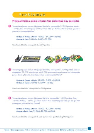 73
Editorial La Calesa - www.lacalesa.esTareas y deberes para casa Pida el solucionario gratis en info@lacalesa.es
P r o b l e m a sP r o b l e m a s
7
1 Tres amigos juegan con un videojuego. Pamela ha conseguido 12.000 puntos; Mario,
14.000; Elsa ha conseguido 6.000 puntos más que Pamela y Mario juntos. ¿Cuántos
puntos ha conseguido Elsa?
Puntos de Pamela y Mario: 12.000+14.000=26.000
Puntos de Elsa: 26.000+6.000=32.000
2 Tres amigos juegan con un videojuego. Pamela ha conseguido 12.000 puntos. Elsa ha
conseguido 32.000 puntos, que son 6.000 puntos más que los que han conseguido
juntos Mario y Pamela. ¿Cuántos puntos ha conseguido Mario?
Puntos de Pamela y Mario: 32.000– 6.000=26.000
Puntos de Mario: 26.000–12.000=14.000
Resultado: Mario ha conseguido 14.000 puntos
3 Tres amigos juegan con un videojuego. Mario ha conseguido 14.000 puntos; Elsa,
32.000; Pamela, 12.000. ¿Cuántos puntos más ha conseguido Elsa que los que han
conseguido juntos Mario y Pamela?
Puntos de Pamela y Mario: 14.000+12.000=26.000
Puntos más de Elsa: 32.000–26.000=6.000
Resultado: Elsa ha conseguido 6.000 puntos más que Pamela y Mario juntos
Presta atención a cómo se hacen tres problemas muy parecidos
Resultado: Elsa ha conseguido 32.000 puntos
N09-1/16:N09-1/16 25/5/11 13:38 Página 7
 