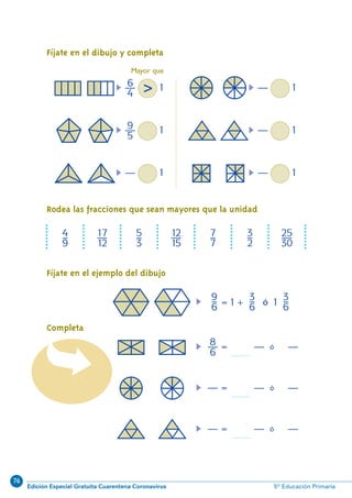 76
Edición Especial Gratuita Cuarentena Coronavirus 5º Educación Primaria
Â
24
4–
9
17—
12
5–
3
25—
30
12—
15
7–
7
3–
2
Mayor que
Fíjate en el dibujo y completa
Rodea las fracciones que sean mayores que la unidad
6—
4
1
9—
5
1
— 1
— 1
— 1
— 1

Fíjate en el ejemplo del dibujo
Completa
9–
6
3–
6
=1+
3–
6
1ó
8—
6
—
—
= — ó —
= — ó —
= — ó —
N09-17/32:N09-17/32 25/5/11 13:40 Página 24
 