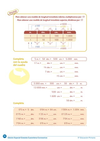 80
Edición Especial Gratuita Cuarentena Coronavirus 5º Educación Primaria
78
5 m. = 50 dm. = 500 cm. = 5.000 mm.
17 m. = ............ dm. = ................. cm. = ...................... mm.
14 dm. = ................. cm. = ...................... mm.
7 dm. = ................. cm. = ...................... mm.
15 cm. = ...................... mm.
12.000 mm. = ...................... cm. = ................. dm. = ............ m.
3.000 mm. = 300 cm. = 30 dm. = 3 m.
500 cm. = ................. dm. = ............ m.
1.600 cm. = ................. dm. = ............ m.
50 dm. = ............ m.
Recuerda
Para obtener una medida de longitud inmediata inferior,multiplicamos por 10
Para obtener una medida de longitud inmediata superior,dividimos por 10
m. dm. cm. mm.
1 10 100 1.000
1 10 100 1.000
x1000
:1000
x100
:100
x100
:100
x10 x10 x10
:10:10:10
0’5 m. = 5 dm. 0’64 m. = 64 cm. 1’004 m. = 1.004 mm.
0’75 m. = ............ dm. 1’25 m. = ............ cm. 0’125 m. = ................... mm.
1’48 m. = ............ dm. 3’06 m. = ............ cm. 7’04 m. = ................... mm.
7’04 m. = ............ dm. 0’9 m. = ............ cm. 6’9 m. = ................... mm.
Completa
Completa
con la ayuda
del cuadro
Â
N09-71/96:N09-71/96 25/5/11 13:47 Página 78
 