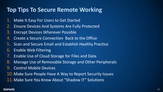 Top Tips To Secure Remote Working
34
1. Make It Easy For Users to Get Started
2. Ensure Devices And Systems Are Fully Protected
3. Encrypt Devices Wherever Possible
4. Create a Secure Connection Back to the Office
5. Scan and Secure Email and Establish Healthy Practice
6. Enable Web Filtering
7. Enable Use of Cloud Storage for Files and Data
8. Manage Use of Removable Storage and Other Peripherals
9. Control Mobile Devices
10. Make Sure People Have A Way to Report Security Issues
11. Make Sure You Know About “Shadow IT” Solutions
 