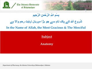 Subject
Anatomy
1
ِ‫ن‬َ‫م‬ْ‫ح‬‫ه‬‫الر‬ ِ ‫ه‬
‫اَّلل‬ ِ‫ْم‬‫س‬ِ‫ب‬
‫يم‬ ِ‫ح‬‫ه‬‫الر‬
‫بڑا‬ ‫جو‬ ‫سے‬ ‫نام‬ ‫پاک‬ ‫کے‬ ‫ہلل‬َ‫ا‬ ‫روع‬ُ‫ش‬
‫مہربان‬
‫واال‬ ‫رحم‬ ‫نہايت‬
‫ہے‬
In the Name of Allah, the Most Gracious & The Merciful
Department of Pharmacy; the Islamia University of Bahawalpur; Pakistan
 