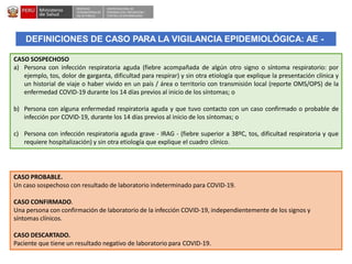 DESPACHO
VICEMINISTERIALDE
SALUD PÚBLICA
CENTRO NACIONALDE
EPIDEMIOLOGÍA, PREVENCIÓN Y
CONTROLDEENFERMEDADES
CASO SOSPECHOSO
a) Persona con infección respiratoria aguda (fiebre acompañada de algún otro signo o síntoma respiratorio: por
ejemplo, tos, dolor de garganta, dificultad para respirar) y sin otra etiología que explique la presentación clínica y
un historial de viaje o haber vivido en un país / área o territorio con transmisión local (reporte OMS/OPS) de la
enfermedad COVID-19 durante los 14 días previos al inicio de los síntomas; o
b) Persona con alguna enfermedad respiratoria aguda y que tuvo contacto con un caso confirmado o probable de
infección por COVID-19, durante los 14 días previos al inicio de los síntomas; o
c) Persona con infección respiratoria aguda grave - IRAG - (fiebre superior a 38ºC, tos, dificultad respiratoria y que
requiere hospitalización) y sin otra etiología que explique el cuadro clínico.
CASO PROBABLE.
Un caso sospechoso con resultado de laboratorio indeterminado para COVID-19.
CASO CONFIRMADO.
Una persona con confirmación de laboratorio de la infección COVID-19, independientemente de los signos y
síntomas clínicos.
CASO DESCARTADO.
Paciente que tiene un resultado negativo de laboratorio para COVID-19.
DEFINICIONES DE CASO PARA LA VIGILANCIA EPIDEMIOLÓGICA: AE -
 
