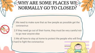 1.We need to make sure that as few people as possible get the c
o coronavirus
2.If they need go out of their home, they must be very careful not
t to go near anyone else
3.We all have to stay at home to protect the people who will ﬁnd i
it hard to ﬁght the coronavirus
WHY ARE SOME PLACES WE
NORMALLY GO TO CLOSED?
 