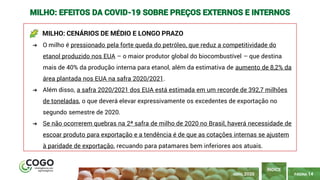 PÁGINA 14
ÍNDICE
MILHO: CENÁRIOS DE MÉDIO E LONGO PRAZO
➔ O milho é pressionado pela forte queda do petróleo, que reduz a competitividade do
etanol produzido nos EUA – o maior produtor global do biocombustível – que destina
mais de 40% da produção interna para etanol, além da estimativa de aumento de 8,2% da
área plantada nos EUA na safra 2020/2021.
➔ Além disso, a safra 2020/2021 dos EUA está estimada em um recorde de 392,7 milhões
de toneladas, o que deverá elevar expressivamente os excedentes de exportação no
segundo semestre de 2020.
➔ Se não ocorrerem quebras na 2ª safra de milho de 2020 no Brasil, haverá necessidade de
escoar produto para exportação e a tendência é de que as cotações internas se ajustem
à paridade de exportação, recuando para patamares bem inferiores aos atuais.
ABRIL 2020
MILHO: EFEITOS DA COVID-19 SOBRE PREÇOS EXTERNOS E INTERNOS
 