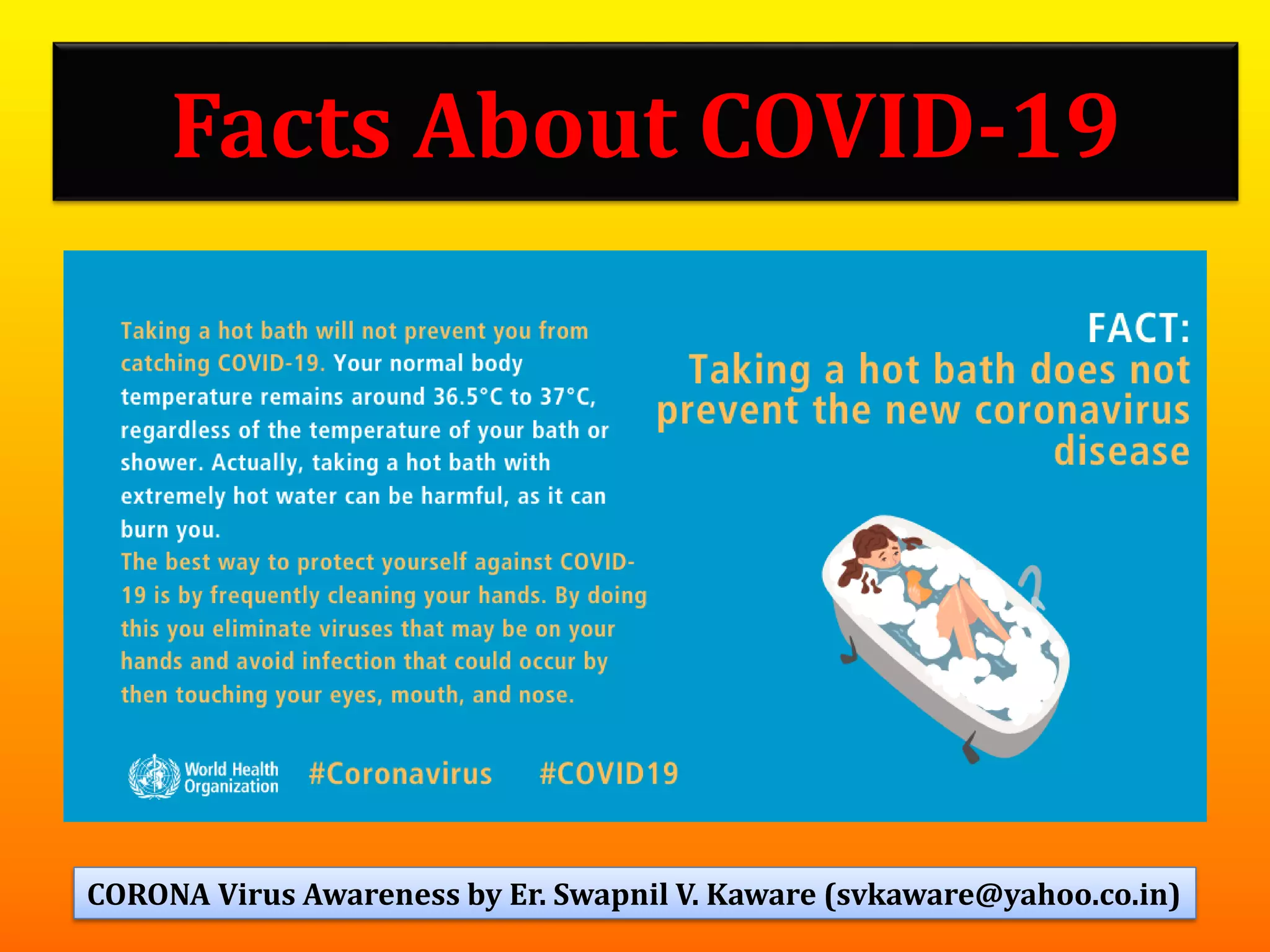 Facts About COVID-19
22CORONA Virus Awareness by Er. Swapnil V. Kaware (svkaware@yahoo.co.in)
 