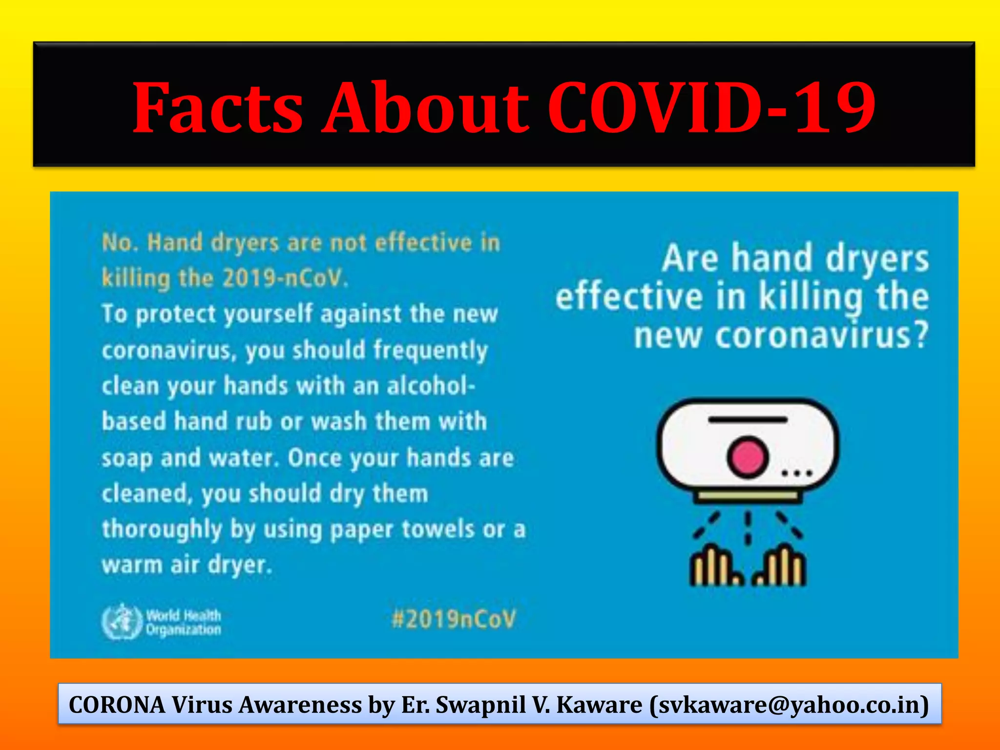 Facts About COVID-19
30CORONA Virus Awareness by Er. Swapnil V. Kaware (svkaware@yahoo.co.in)
 