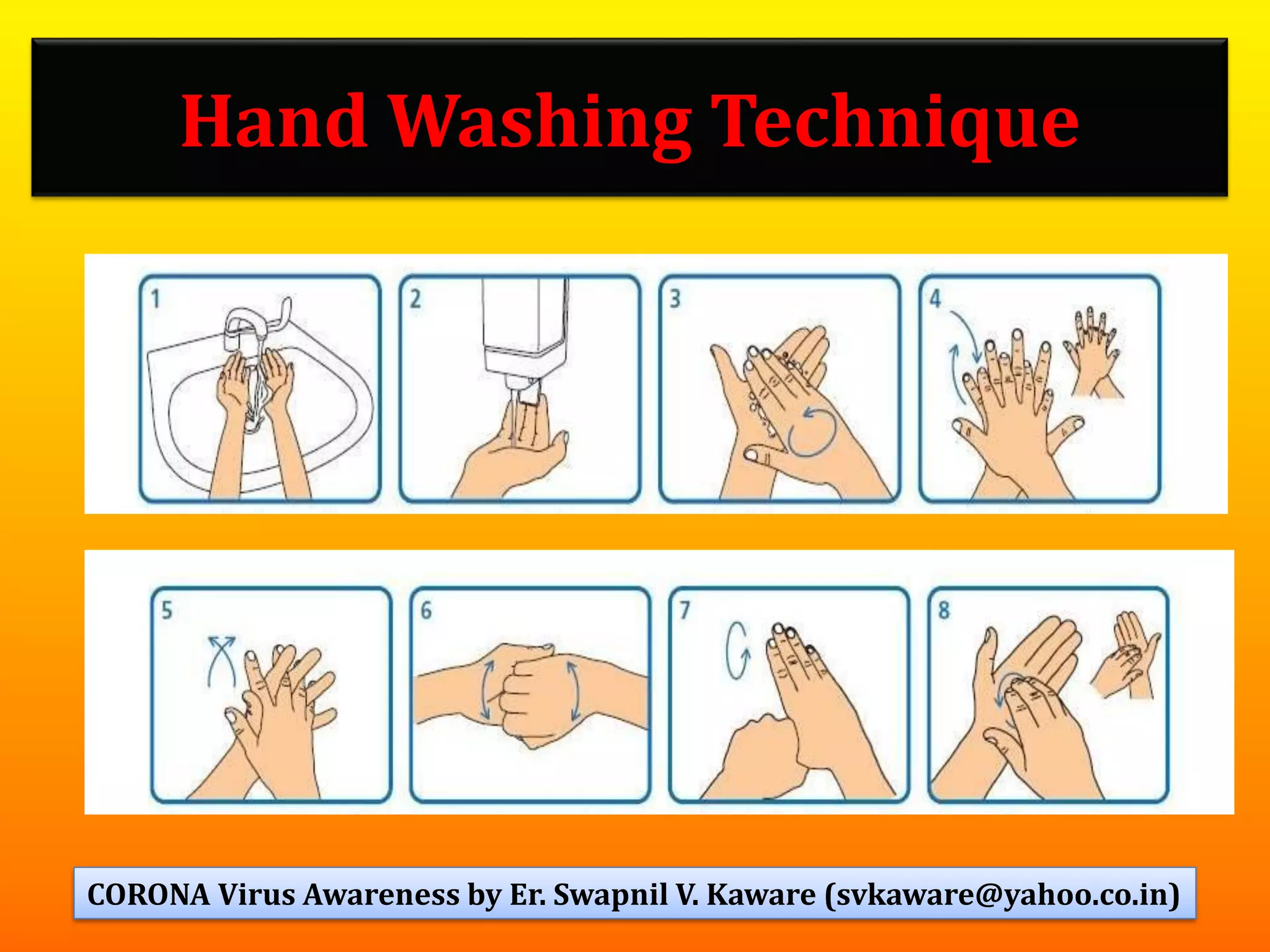 Hand Washing Technique
87CORONA Virus Awareness by Er. Swapnil V. Kaware (svkaware@yahoo.co.in)
 