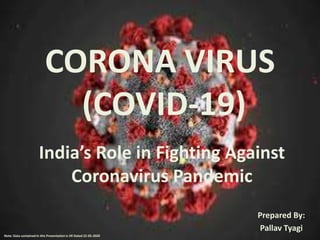 CORONA VIRUS
(COVID-19)
India’s Role in Fighting Against
Coronavirus Pandemic
Prepared By:
Pallav Tyagi
Note: Data contained in this Presentation is till Dated 22-05-2020
 