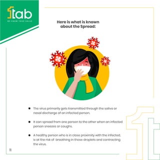 The virus primarily gets transmitted through the saliva or
nasal discharge of an infected person.
It can spread from one person to the other when an infected
person sneezes or coughs.
A healthy person who is in close proximity with the infected,
is at the risk of breathing in those droplets and contracting
the virus.
Here is what is known
about the Spread:
11
 