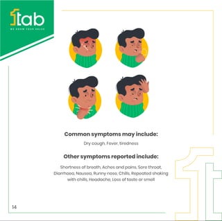 Common symptoms may include:
Other symptoms reported include:
Dry cough, Fever, tiredness
Shortness of breath, Aches and pains, Sore throat,
Diarrhoea, Nausea, Runny nose, Chills, Repeated shaking
with chills, Headache, Loss of taste or smell
14
 