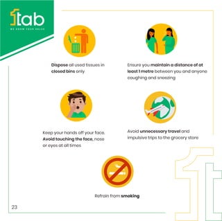 Dispose all used tissues in
closed bins only
Keep your hands off your face.
Avoid touching the face, nose
or eyes at all times
Ensure you maintain a distance of at
least 1 metre between you and anyone
coughing and sneezing
Avoid unnecessary travel and
impulsive trips to the grocery store
Refrain from smoking
23
 