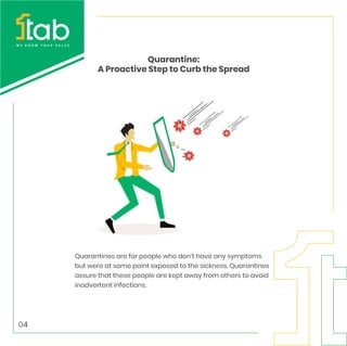 Quarantines are for people who don’t have any symptoms
but were at some point exposed to the sickness. Quarantines
assure that these people are kept away from others to avoid
inadvertent infections.
Quarantine:
A Proactive Step to Curb the Spread
04
 