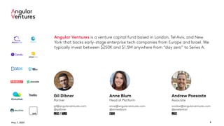 May 7, 2020 2
Gil Dibner
Partner
gil@angularventures.com
@gdibner
LON/TLV
Anne Blum
Head of Platform
anne@angularventures.com
@anneablum
NYC
Andrew Poesaste
Associate
andrew@angularventures.com
@poetential
LON
Angular Ventures is a venture capital fund based in London, Tel Aviv, and New
York that backs early-stage enterprise tech companies from Europe and Israel. We
typically invest between $250K and $1.5M anywhere from “day zero” to Series A.
 