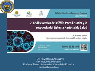 Dr. H Marcelo Aguilar V
MD, MSc, Phd, Pos Doc©
Profesor Titular Universidad Central del Ecuador
haguilar@uce.edu.ec
 
