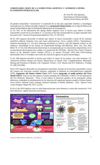 Coronavirus Mapa Genetico y antidoto del _sirio_DOC_14 1
CORONAVIRUS MAPA DE LA ESTRUCTURA GENÉTICA Y ANTIDOTO CONTRA
EL PARÁSITO INTRACELULAR.
Dr. Prof. Ph. Sirio Quintero,
Especialista en Nanotecnología
Boconó, 03 de Febrero del 2020
El parásito intracelular “coronavirus” es expresión de la más alta capacidad científica y tecnológica
alcanzada por los núcleos de poder imperial en su prontuario bioterrorista con la liga de fábricas de
armas bacteriológicas bajo la fachada de laboratorios de investigación:
A) En 1911 en los laboratorios del Spring Harbor lograron crear la técnica para inducir el cáncer
transmisible a través de las aves (Rous P. “A sarcoma of the fowl transmissible by an agent separable from
the tumor cells”. Journal of Experimental Medicine 1911, 13: 397-411).
B) En 1951 lograron desarrollar el método para inducir el cáncer transmisible a través de los animales
mamíferos (Murine leukemia virus and mouse polyomarvirus: Gross, Ludwik (1951) «"Spontaneous"
leukemia developing in C 3 H mice following inoculation, in infancy, with AK leukemic extracts or AK
embryos». Proceedings of the Society for Experimental Biology and Medicine. (Proc. Soc. Exp. Biol.
Med.) 76: 27-32). Este laboratorista bioterrorista es recompensado por los mecanismos imperialistas con el
reconocimiento del programa que condujo a la producción del VIH/Sida –-Special Virus Cancer Program
Award of the National Cancer Institute (1972) y el premio Principal 1978 Paul Erlich-Ludwig
Darmstaeder Prize in Frankfurt, otro centro de creación de agentes de guerra bacteriológica.
C) En 1968 lograron descubrir la técnica para inducir el cáncer de los monos a los seres humanos. Cfr.
“Interaction between Human and Simian Adenoviruses in Simian Cells: Complementation, Phenotypic
Mixing and Formation of Monkey Cell «Adapted» Virions”, A.D. Altstein and N.N. Dodonova. Virology
35, 248-254 (1968).
D) En 1971 lograron desarrollar un microparásito intracelular causante de la leucemia transmisible a través
del contacto por relaciones sexuales humanas, originando el síndrome de inmunodeficiencia adquirida
(VIH). Segmentos del Simian Saimiri Virus (SSV) fueron integrados al molde genético del Virus
Maedi-VISNA. Justo en ese año aparece el primer prototipo del VIH/SIDA, el ESP-1, en los laboratorios
del Fort Dieterick, Maryland – USA, el cual inducía la alteración genética de las principales células
defensivas, entiéndase la transformación de los timocitos del organismo humano usando el Simian Saimiri
Virus (Véase: National Cancer Institute. National Institutes of Health, Bethesda - USA. “Special Virus
Cancer Program. Report #8, 1971”, p.276).
E) En el año 2019 lograron crear un arma bioterrorista que causa demencia a través del coronavirus “CoV
de la demencia”, agente bacteriano neurotóxico.
…
 