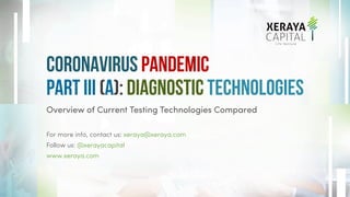 Overview of Current Testing Technologies Compared
For more info, contact us: xeraya@xeraya.com
Follow us: @xerayacapital
www.xeraya.com
Coronavirus Pandemic
Part III (A): Diagnostic Technologies
 