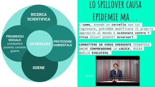 lo spillover causa
epidemie ma...
L’uomo, avendo un cervello con cui
ragionare, potrebbe modificare il proprio
approccio al mondo e scatenare contro i
virus alcuni potenti avversari.
COMBATTERE UN VIRUS EMERGENTE SIGNIFICA
ANCHE COMPRENDERNE LA LOGICA, OSSIA
QUELLA EVOLUTIVA.
RICERCA
SCIENTIFICA
PROGRESSO
SOCIALE:
combattere
povertà, carestie,
guerre
IGIENE
PROTEZIONE
AMBIENTALEAVVERSARI
 