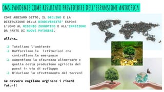 OMS:PANDEMIE COME RISULTATO PREVEDIBILE DELL’ESPANSIONE ANTROPICA
COME ABBIAMO DETTO, IL DECLINO E LA
DISTRUZIONE DELLA BIODIVERSITÀ’ ESPONE
L’UOMO AL RISCHIO ZOONOTICO E ALL’INFEZIONE
DA PARTE DI NUOVI PATOGENI.
allora…
❏ Tuteliamo l’ambiente
❏ Rafforziamo le istituzioni che
controllano le emergenze
❏ Aumentiamo la sicurezza alimentare e
quella della produzione agricola dei
paesi in via di sviluppo
❏ Riduciamo lo sfruttamento dei terreni
se davvero vogliamo arginare i rischi
futuri!
 