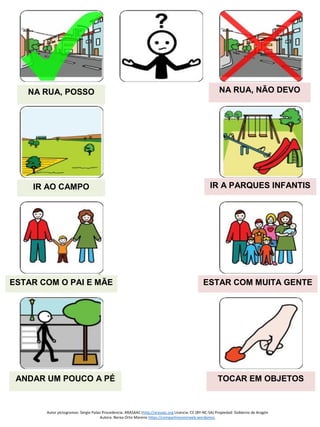 Autor pictogramas: Sergio Palao Procedencia: ARASAAC (http://arasaac.org Licencia: CC (BY-NC-SA) Propiedad: Gobierno de Aragón
Autora: Nerea Ortiz Moreno https://compartiresvivirweb.wordpress.
NA RUA, NÃO DEVONA RUA, POSSO
IR AO CAMPO
ESTAR COM O PAI E MÃE
ANDAR UM POUCO A PÉ
ESTAR COM MUITA GENTE
IR A PARQUES INFANTIS
TOCAR EM OBJETOS
 